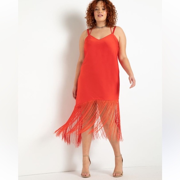 ELOQUII SEXXXY red satin fringe asymmetrical fringe midi slip dress 20 - Picture 1 of 9